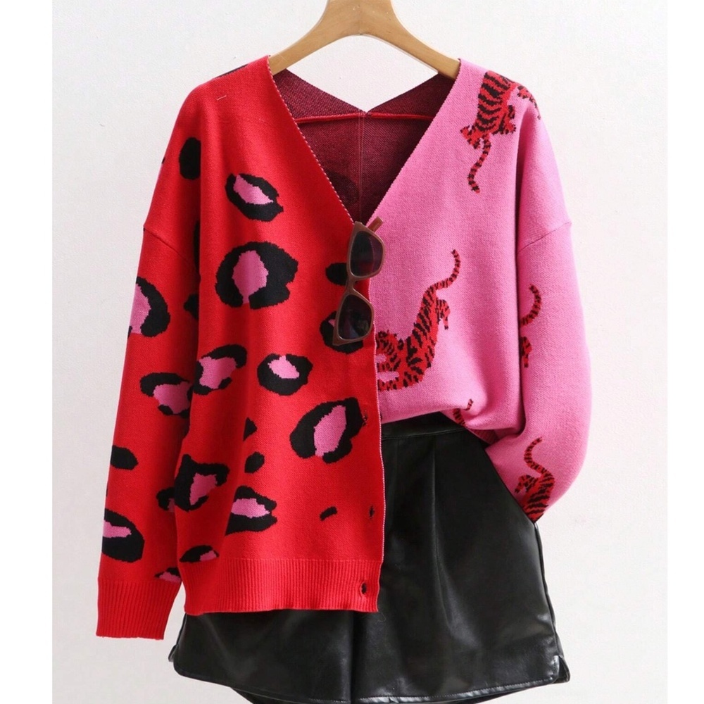 Red Pink Animal Print Button Down V-Neck Knit Cardigan